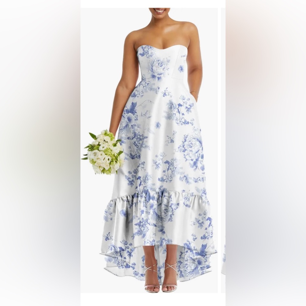 Alfred Sung Strapless Floral Ruffle High-Low Gown